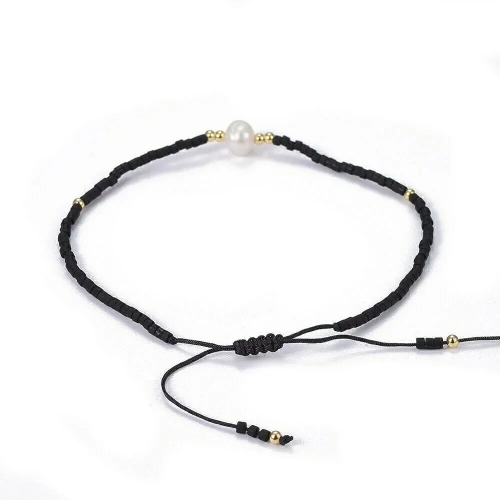 Hand Crafted Real Freshwater Pearl Black Japanese Glass Beads Bracelet
